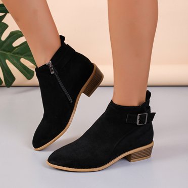 jsaierl Bottes à Enfiler pour Femmes à la Cheville en Faux Suède, Bottillons Courts à Enfiler, Bout Pointu, Talon Bas Épais, Bottillons Western Habillés avec Fermeture Éclair Latérale