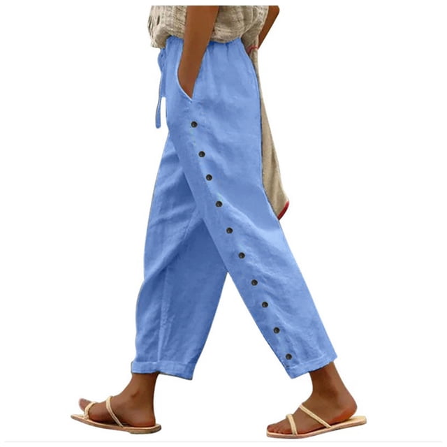 WEIYLL Womens Pants Solid Color Elastic Waist Loose Side Button Decoration Versatile Ankle-Lengh Blue Pant size M