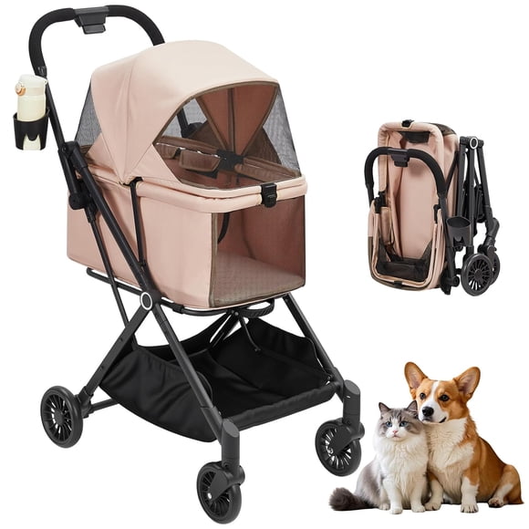 Pet Stroller for Dogs and Cats - 4 Wheels Lightweight Foldable Dog Stroller,Ideal for Small to Medium Pets - Up to 50 LBS,with 360-Degree Front Wheels & Foot Brake System,Khaki