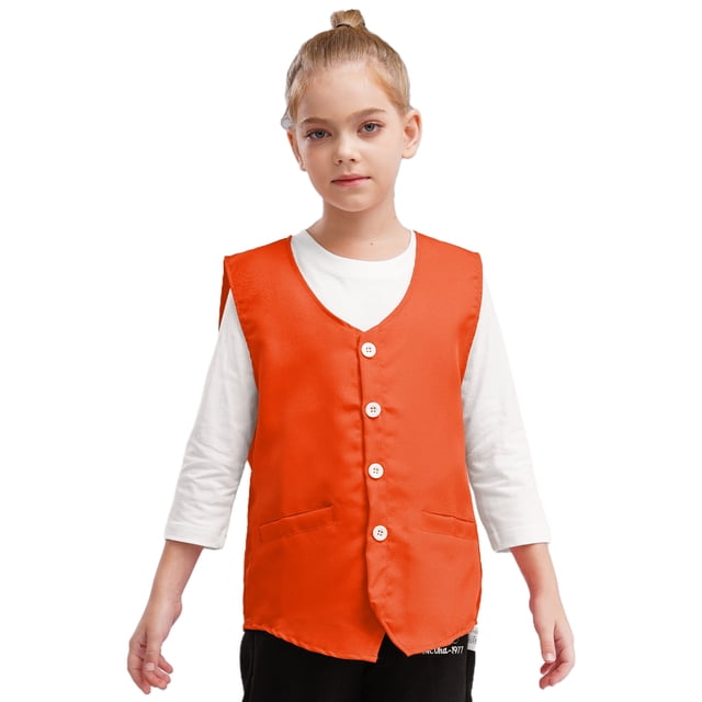 renvena Kids Button Volunteer Activity Vest Button Up Irregular Hem Waistcoat Sleeveless Waiter Orange M