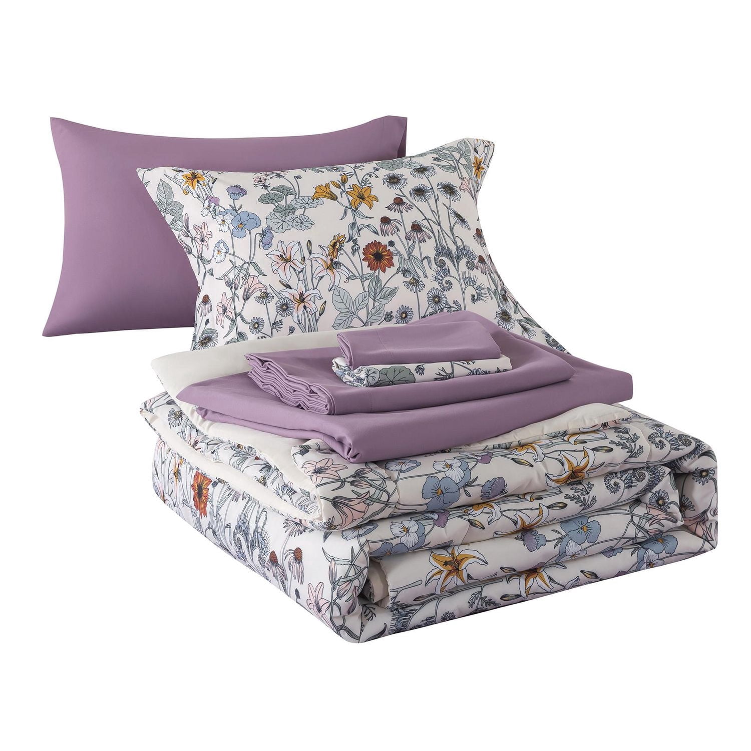 Mainstays All in One Reversible Comforter and Sheet Set, 7-Piece, Full, White Multi Floral