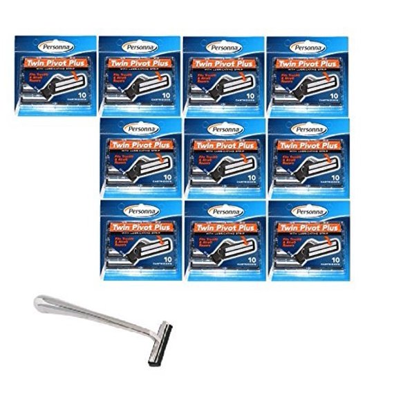 Trac II Chrome Handle + Personna Twin Pivot Plus Razor Cartridges w/ Lubricating Strip for Atra & Trac II Razors 10 ct. (Pack of 10)
