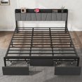 thumbnail image 4 of GloryStar Bed Frame with Storage Headboard, Industrial Full Platform Bed with 2 Large Drawers and Charging Station, Black No Box Spring Needed Bedframe, 4 of 7