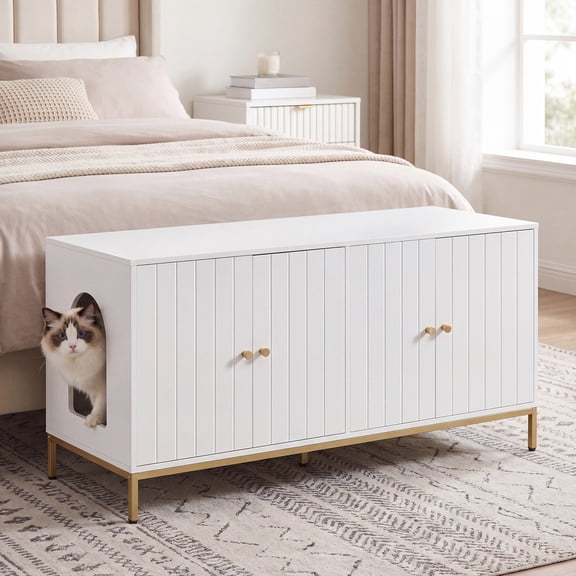 LEDREM Double Litter Box Enclosure for 2 Cats, Modern Cat Litter Box Furniture Hidden, with Scratching Mat, Tall Legs, White and Gold