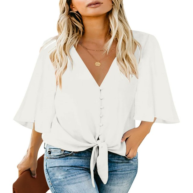 CHUANK Women‘s Button Down V Neck Tops Ruffled 3/4 Sleeve Tie Knot Front Blouses White Sizes S-2XL