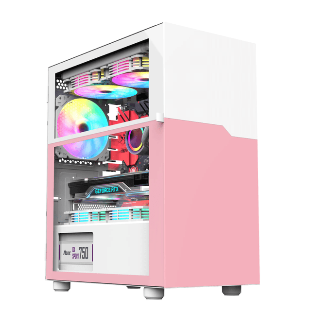 Étui pour PC de Jeu Tour ATX en Verre Trempé Rose et Blanc