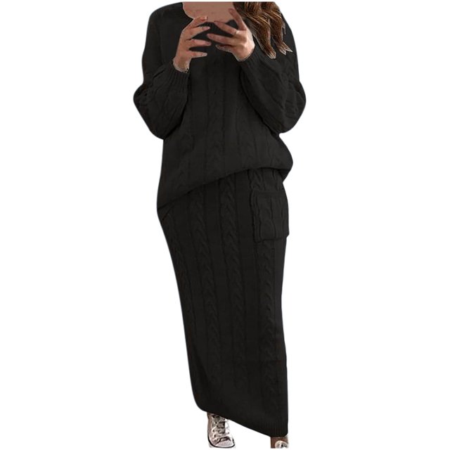 Pompotops Ensemble Jupe Pull Deux Pièces Chaud Tricoté à Manches Longues Col Rond Couleur Unie pour Femmes