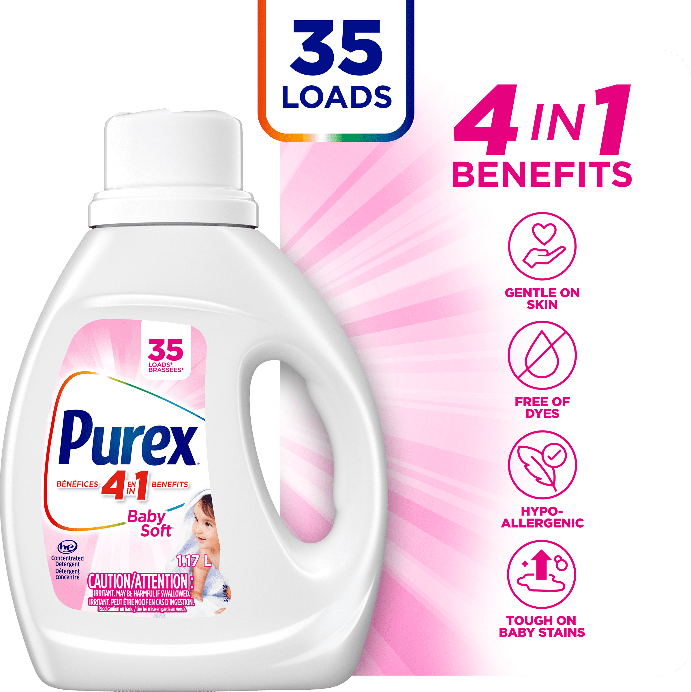 Purex Baby Soft détergent à lessive liquide hypoallergénique concentré, sans colorant, testé par des dermatologues pédiatriques, 1,17 L, 35 brassées, compatible avec les laveuses HE