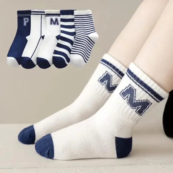 5 Pairs Baby Letter Socks Knit Soft Cotton Sock Kids Long Knee High Socks Infant Toddler Baby Boys Girls Cute Stripe Socks MP 3-5 years old