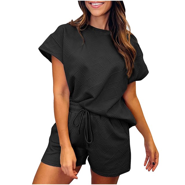 Mikilon Ensemble de Sport Confortable pour Femmes Couleur Unie Nouvelle Mode Décontractée Haut à Manches Longues et Short Ensemble de Haut/chemise à Manches Courtes Col Rond Noir m