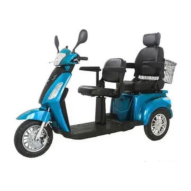 Electric Scooter for Two People | Dynamic Duo Rider Gtx-L-60 Double Seater Electric Scooter in a vibrant blue finish. Features a spacious double seat with backrests, a sturdy three-wheel design, and a rear storage basket. Ideal for mobility aids and health care needs, it offers a top speed of 20 mph and a 60V system for all-terrain use.
