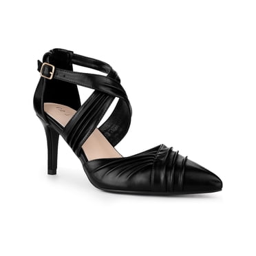BLISSFUL STEP Escarpins à Talons Aiguilles pour Femmes à Brides Croisées, Bout Pointu, Noirs (Taille 10)