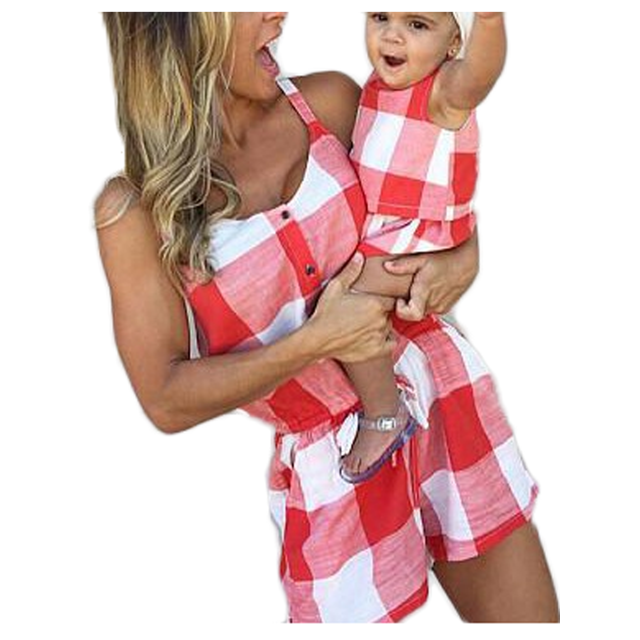 Parent-child Off-Shoulder Short Plaid Button Down Sleeveless Jumpsuit