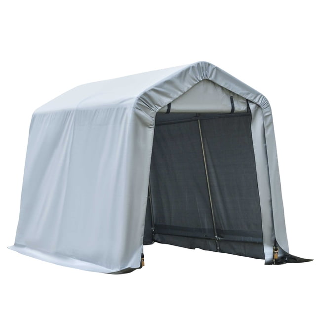Outsunny Abri de Rangement Extérieur 8 Pieds x 6 Pieds avec Porte Enroulable et à Glissière en Gris Pâle. l'Abri Présente un Cadre en Acier Galvanisé pour la Durabilité et un Auvent en Toile PE Résistant aux UV pour Protéger contre la Pluie, le Vent et la Saleté. Il Comprend une Porte Enroulable à Glissière pour un Accès Facile et des Bords Allongés pour une installation Sécurisée. Convient au Rangement de Petits Véhicules, d'Outils de Jardinage Ou d'Équipement de Pelouse. Dimensions : 7,9 Pieds L x 5,9 Pieds L x 5,9 Pieds H