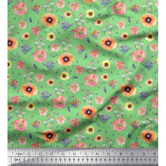 Soimoi Cotton Poplin Fabric Leaves,Bird & Anemone Floral Print Fabric by Yard 56 Inch Wide