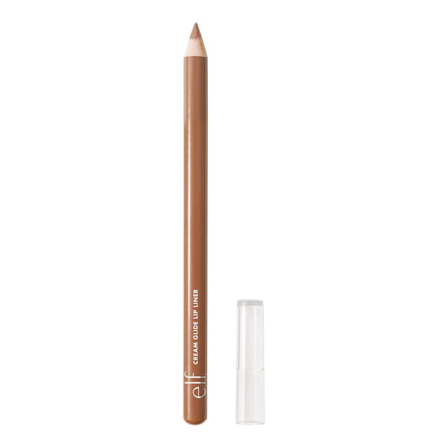 e.l.f. Cosmetics Cream Glide Lip Liner in warm brown with a sharpened tip and clear cap beside it, offering creamy, smooth application for precise lip shaping and a semi-matte finish, suitable for defining and filling lips.