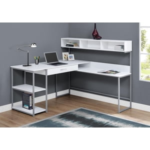 Monarch Specialties Bureau d'ordinateur, Bureau à la maison, Coin, Tiroirs de rangement, Forme L, Travail, Ordinateur portable, Métal, Stratifié, Blanc, Gris, Contemporain, Moderne