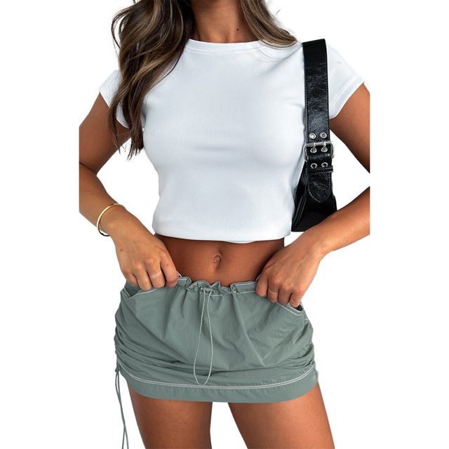 Womens Low Waist Cargo Skirt Ruched Drawstring Mini Short Skirts with Pockets