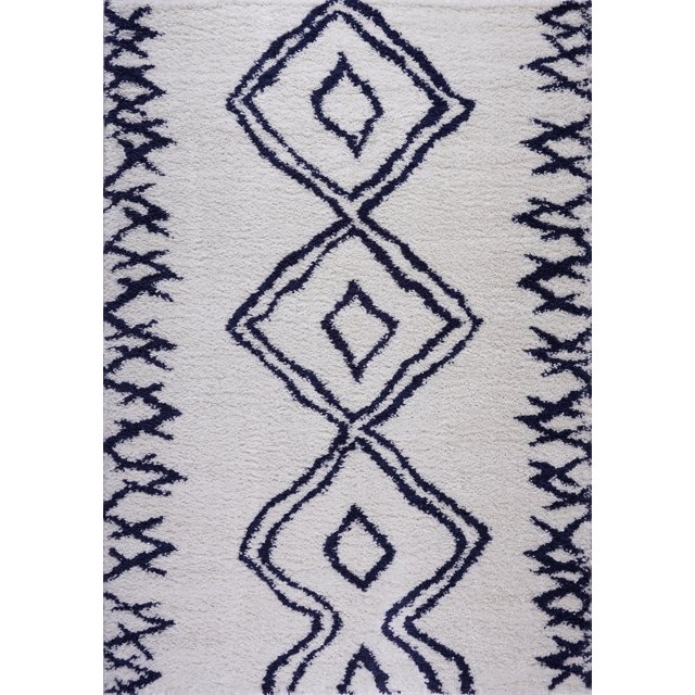 Ladole Rugs Grant Shaggy Casablanca Contemporary Abstract Small Runner Area Rug in Dark Blue White 2'7" x 4'11"