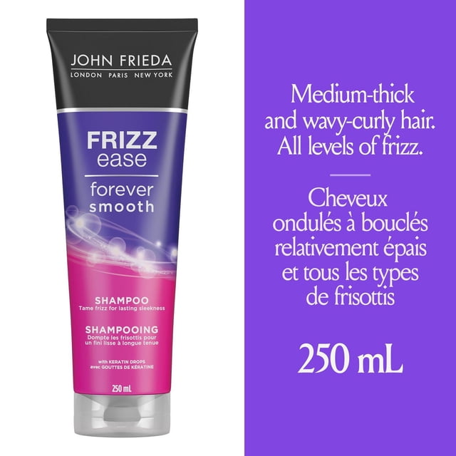 John Frieda Frizz Ease Forever Smooth Shampoo 250 mL tube in purple and pink with black cap, formulated with keratin drops to tame frizz for medium-thick, wavy-curly hair and all frizz levels, providing lasting smoothness and manageability.