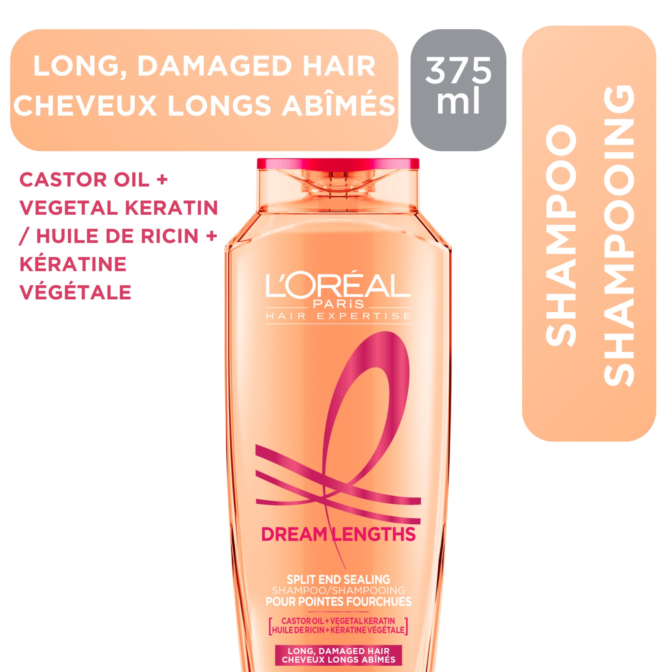 L'Oréal Paris Hair Expertise Dream Lengths Split End Sealing Shampoo, With Castor Oil and Vegetal Keratin for Long, Damaged Hair, 828ml