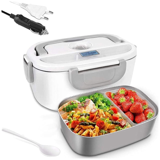 Agiferg 3 in 1 Electric Lunch Box Mobile Stainless Steel Lunch Box Car Kitchen Dual-use. A white and grey electric lunch box with a removable stainless steel interior featuring two compartments, one holding pasta and vegetables, and the other strawberries. Comes with a white spoon, a 12V/24V car cable, and a 220V plug cable. Suitable for home and car use, it features fast heating with energy-saving PTC technology. Dimensions: 23.2x16.5x10.8cm (9.1x6.5x4.3in).