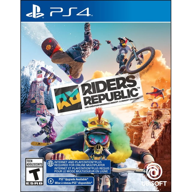 Riders Republic PS4 game cover depicting athletes snowboarding, mountain biking, skiing, and wingsuit flying in a vibrant open world with snowy peaks and rocky canyons, featuring Ubisoft and PlayStation 4 logos.