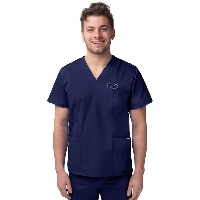 Sivvan Unisex V-Neck 3 Pocket Scrub Top in a navy blue color, featuring a classic fit with a center back length of 28.5 inches in size M. The top includes two roomy lower patch pockets and a chest pocket with a pen divider. Designed with side vents for ease of movement, this V-neck tunic-style scrub top is suitable for medical professionals such as nurses and doctors.