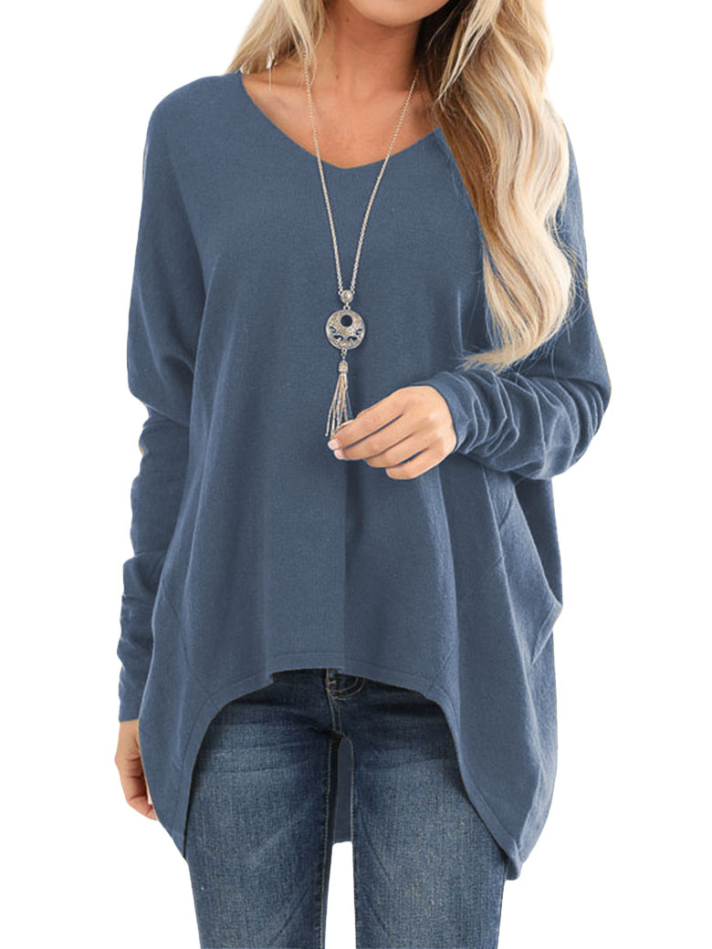 Women Long SLeeve V Neck Irregular Hem Tunic Top