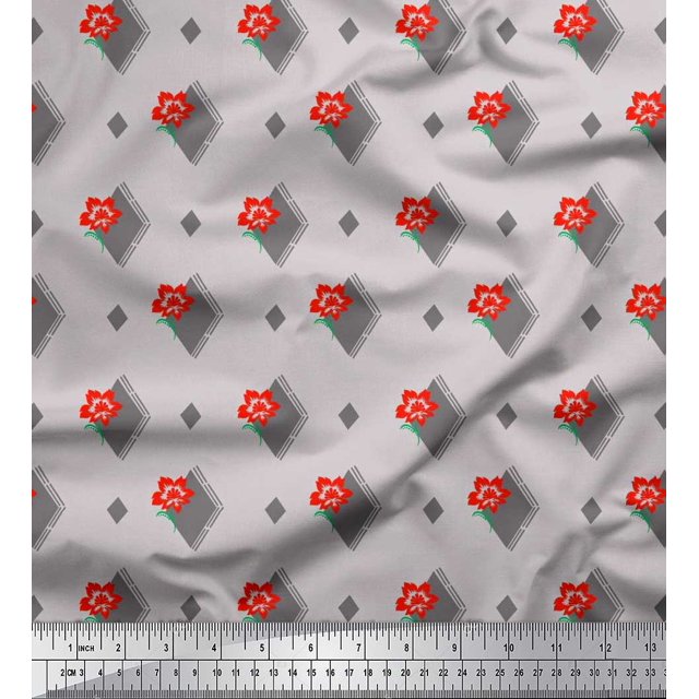 Soimoi polyester Crepe Fabric Diamond Shape & Floral Artistic Print Fabric by Yard 42 Inch Wide