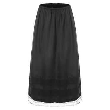 Doomiva Women's Lace Trim Lingerie Long Underskirt Elastic Waist Half Slip Skirt for Under Dresses Black 3XL