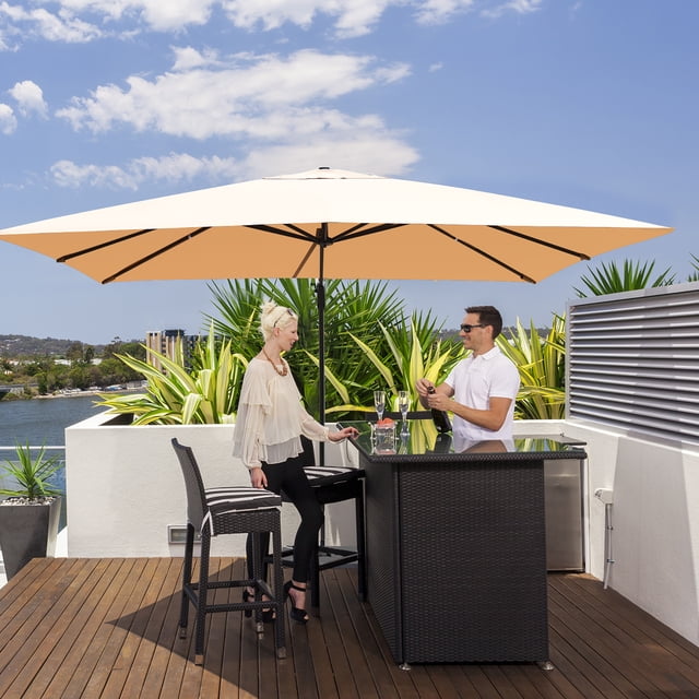 Costway Parasol Déporté de Patio 10 Pieds x 13 Pieds en Aluminium, Rotation à 360°, Inclinaison, Vue Beige Orientée vers l'Avant d'Un Grand Parasol Déporté avec Auvent en polyester Beige 250 G/m2, Évent, Bras Suspendu et Cadre en Aluminium à 8 Baleines; Manivelle visible et Pédale, Contrôle de Rotation à 360°, Encombrement de 13 Pi x 10 Pi au-Dessus d'Un Ensemble de Patio, Convient aux Repas en Plein Air et Sert Souvent d'Ombre pour Se Détendre au Bord de la Piscine