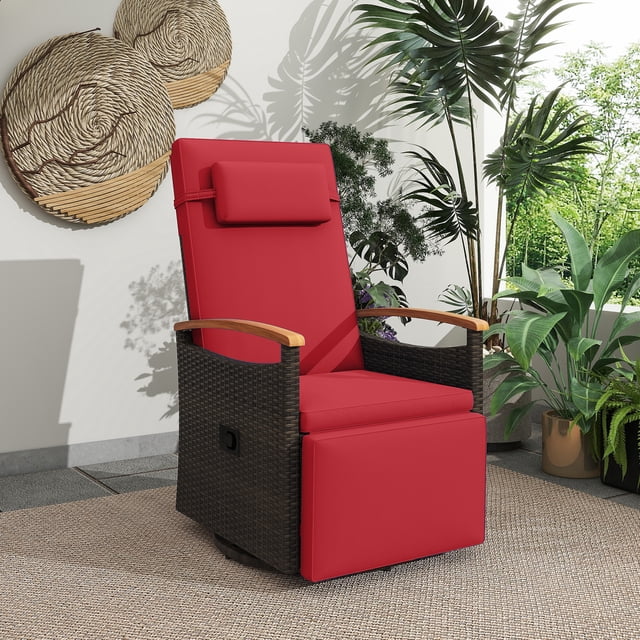 Costway Chaise d'Extérieur Pivotante à 360° en Rotin Recliner, Chaise Longue de Patio en Osier Rouge, Fabriquée avec des Accoudoirs en Rotin PE Tressé à la Main Brun et en Bois d'Acacia. Comprend un Dossier et un Repose-Pieds Réglables à 150°, des Coussins Doux avec Housses Amovibles, une table d'Appoint Pliable et une base Pivotante à 360° pour Plus de Commodité. Parfait pour la Détente en Plein Air sur les patios, les porches Ou au Bord de la Piscine.