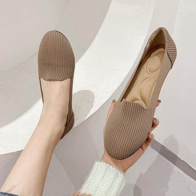 LSLJS Women's Flying Knitting Solid Color Light Mouth Comfortable Slip-On Flat Shoes, Flats Shoes