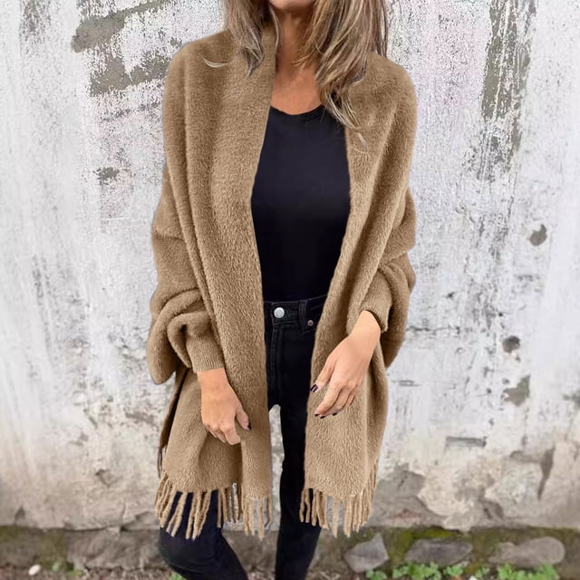 LOVZFMLL Cardigan for Women's Loose Casual Solid Color Shawl Jacket With Plush Tassel For And Winter Cardigan