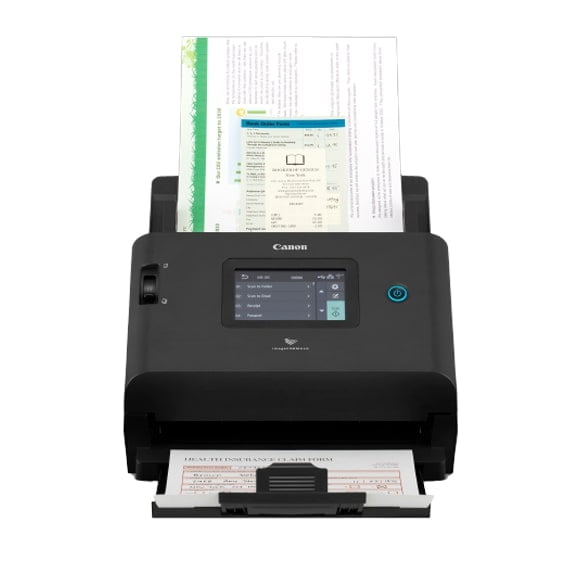 Canon imageFORMULA DR-S350NW document scanner in matte black with a 4.3-inch color LCD touch panel showing scan options, scanning multiple documents through its 60-sheet automatic feeder, featuring dual-band Wi-Fi, Ethernet, and USB connectivity for efficient office use.