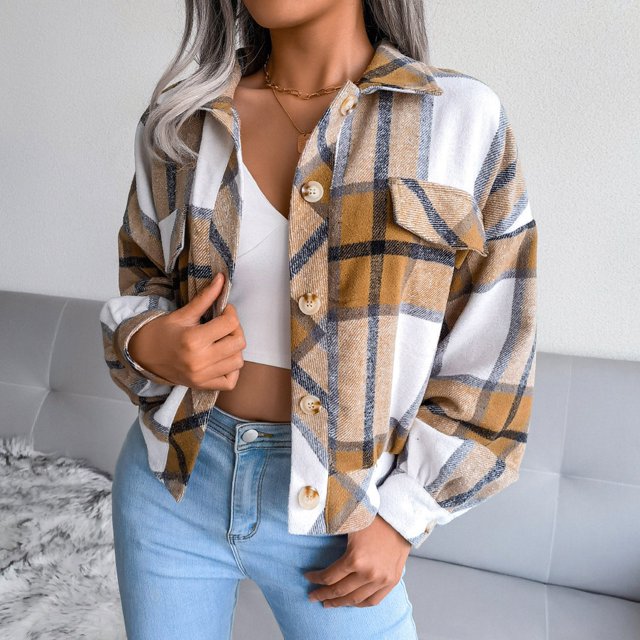 U.Vomade Nouvelle Mode Femme Veste à Carreaux Manches Longues à Revers