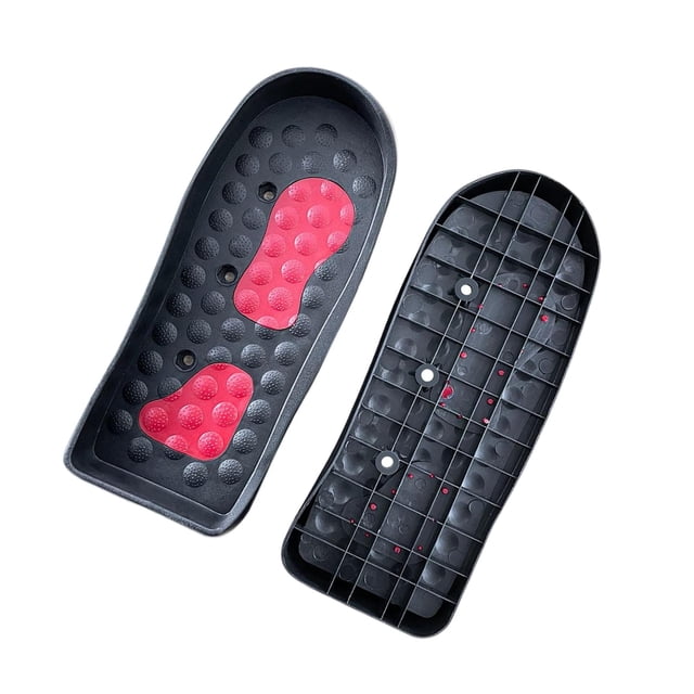 Non Slip Elliptical Trainer Pedals Portable for Indoor Sports Supplies Type1. A pair of black elliptical trainer pedals made from durable PP material, featuring a textured surface with red anti-slip accents and a high rim for secure footing. The pedals are designed for use with elliptical, rowing, and space walk machines, offering impact resistance and anti-corrosion properties. The underside shows a grid structure for stability and easy installation. Approximate dimensions are 370mm x 50mm x 5mm (14.58in x 1.97in x 0.20in).