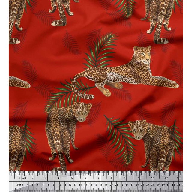 Soimoi Tissu Poly Georgette Feuilles & Léopard Imprimé Animal au Mètre 52 Pouces de Large