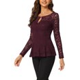 thumbnail image 4 of INSPIRE CHIC Haut pour Femme en Dentelle avec Goutte à l'Avant, Ourlet Péplum, Blouse Transparente à Manches Longues, TP Rouge Violacé, 4 of 6