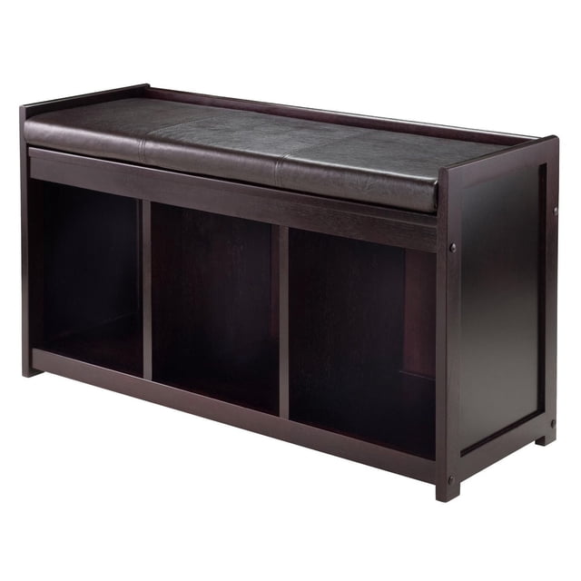 Winsome Addison Banc de Rangement 2 Pcs avec Siège Coussiné, Fini espresso, avec Trois Compartiments de Style Casier Séparés par Deux Séparateurs de Panneaux, Surmonté d'Un Coussin en Similicuir PU Rembourré de Mousse pour une Assise Confortable, Fabriqué en Bois Massif et en Matériaux Composites, Convient au Rangement et aux Sièges d'Entrée.