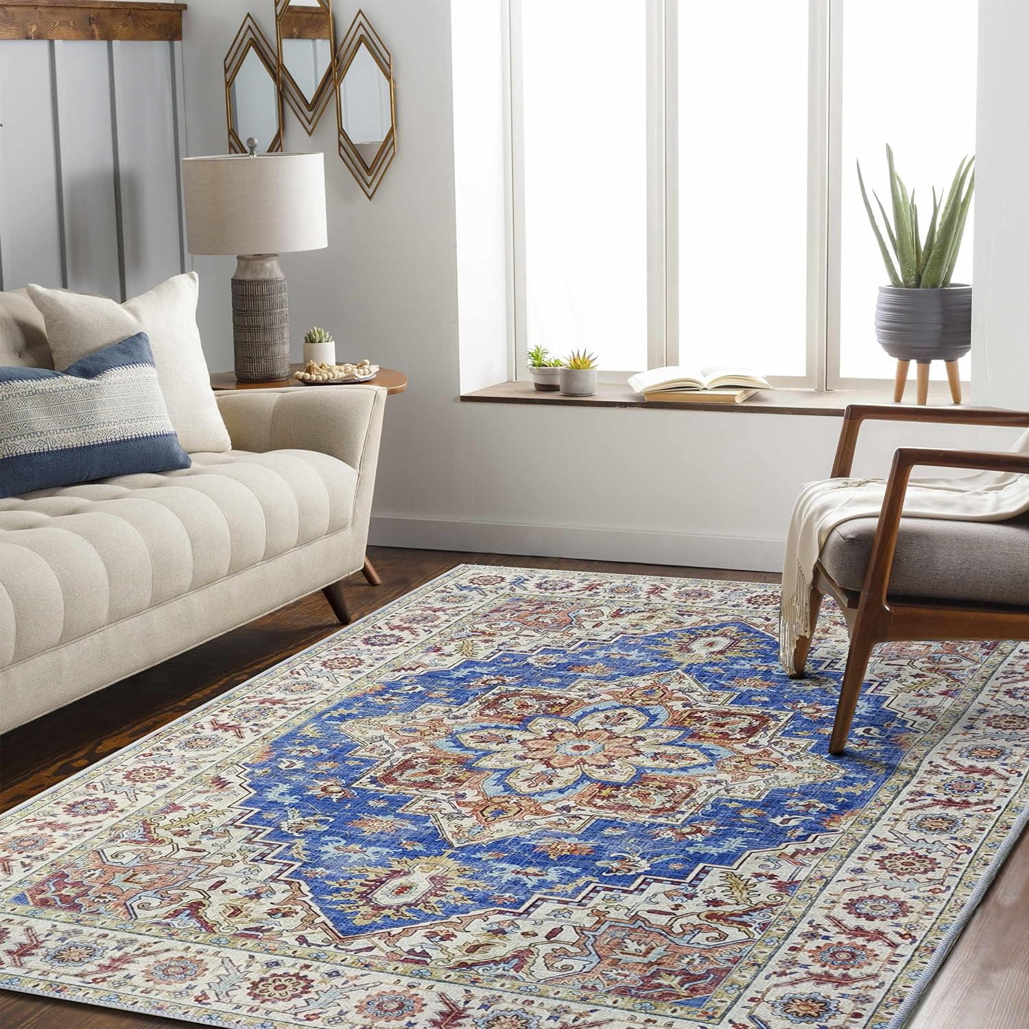 JV Home Tapis Napoli Rose Bleu 4'x6' Tapis Lavable Antidérapant