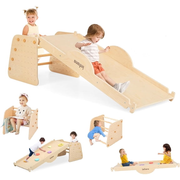 INFANS 7 in 1 Kids Indoor Playground, Wooden Montessori Climber Playset with Tent Slide Climbing Rock Climbing Net, Playground Jungle Gym Structure Climbing Toys for Toddlers Boys Girls