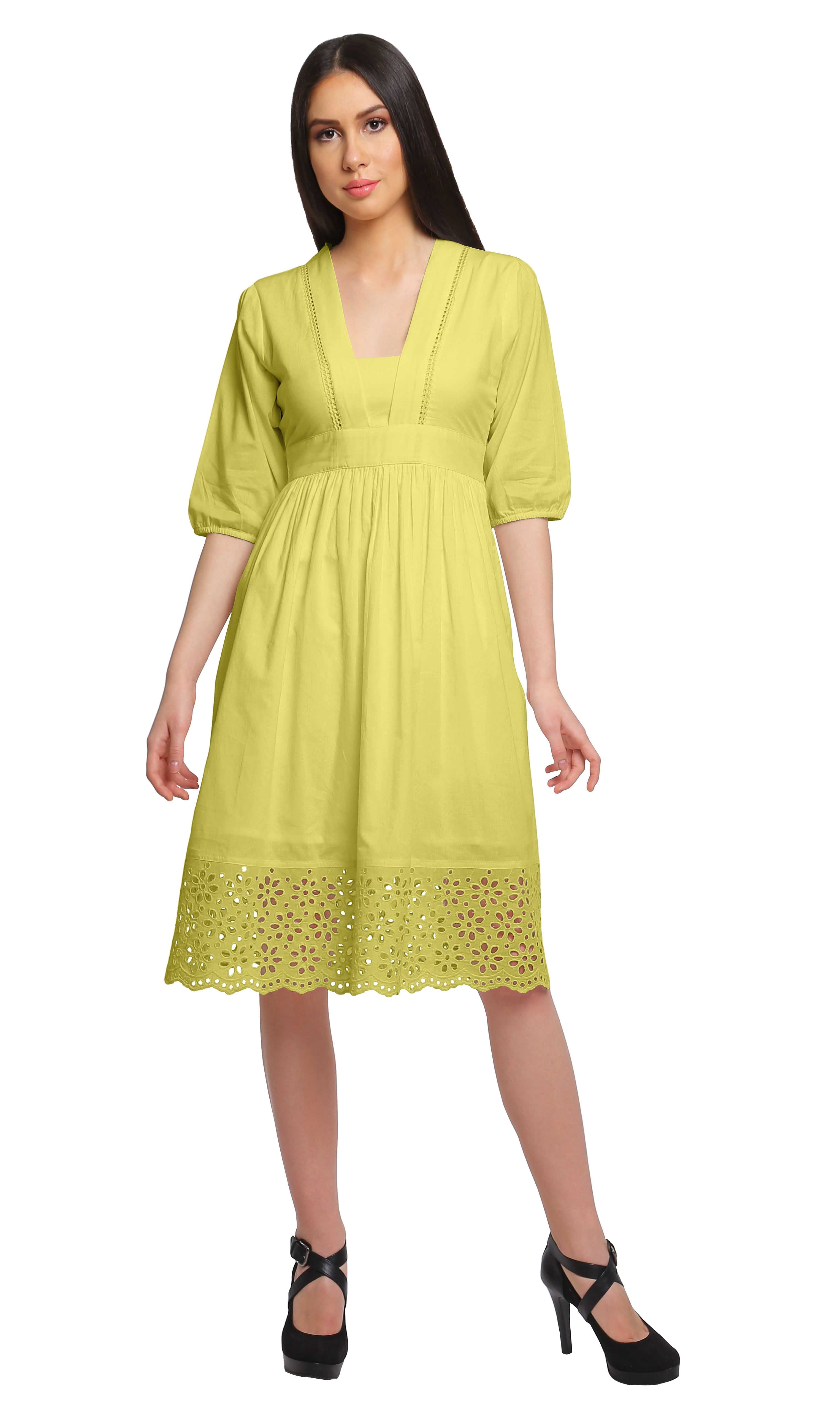 Moomaya Ladies Solid Midi Dress Evening Casual Kurta With Lace Summer Wear