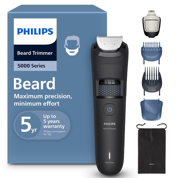 Philips Beard Trimmer 5000 Series - Self-sharpening Metal Blades, 40 Lock-in Settings, BeardSense Technology, Hair Collector, 100% Waterproof, Soft Pouch, Model BT5775/15