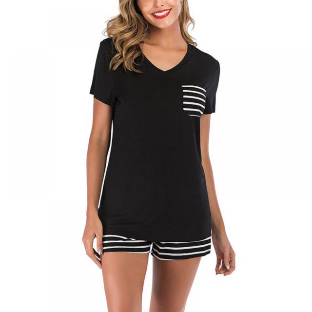 Femmes Pyjama d'Été Rayé V-Cou Short à Manches Courtes Deux Pièces Costume Service à Domicile S-2XL
