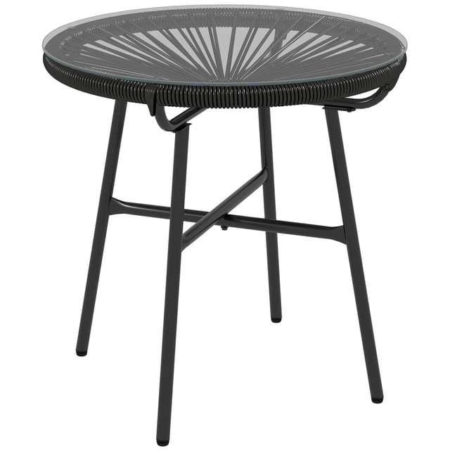 Outsunny Rattan Side Table with PE rattan and tempered glass top in black. The table features a round glass top supported by a hollow base wrapped in plastic wicker, creating a stylish and durable design. It has a powder-coated steel frame for stability and protective foot pads to prevent floor damage. Dimensions are 19.7 inches in diameter and height, with a weight capacity of 66 lbs.