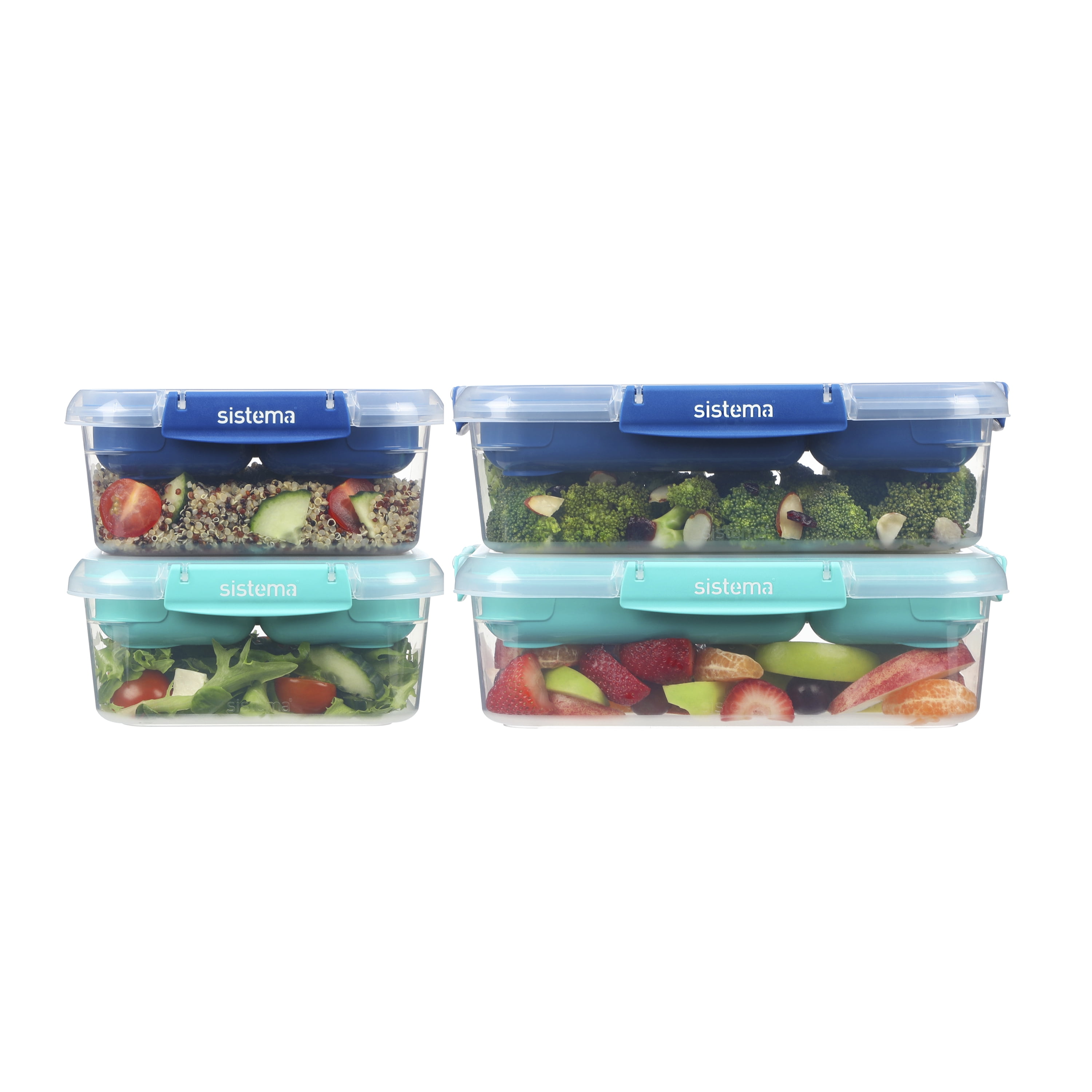 Sistema To Go Stax Leakproof Food Storage Containers, 2 x 1 L & 2 x 2.2 L, Airtight, Stackable, Easy Locking Clips, BPA-Free, Blue & Teal (Colour Not Selectable)