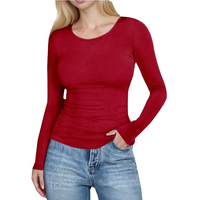 Hauts Ajustés Côtelés d'Automne - T-Shirt à Col Rond à Manches Longues Extensible, Décontracté, Basique pour Femmes