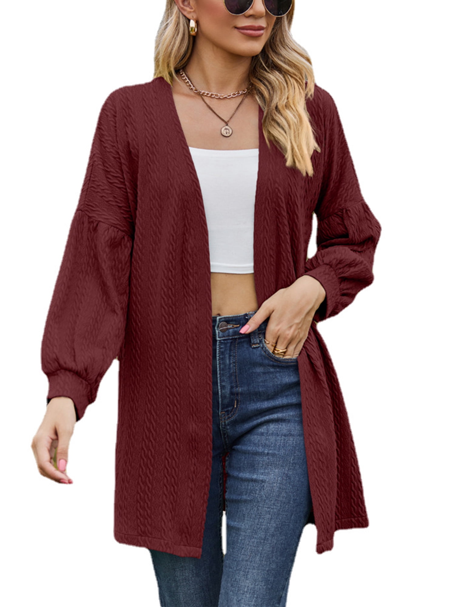 Avamo Ladies Cardigan Open Front Outwear Solid Color Knit Cardigans Lightweight Tunic Tops Work Wine Red L